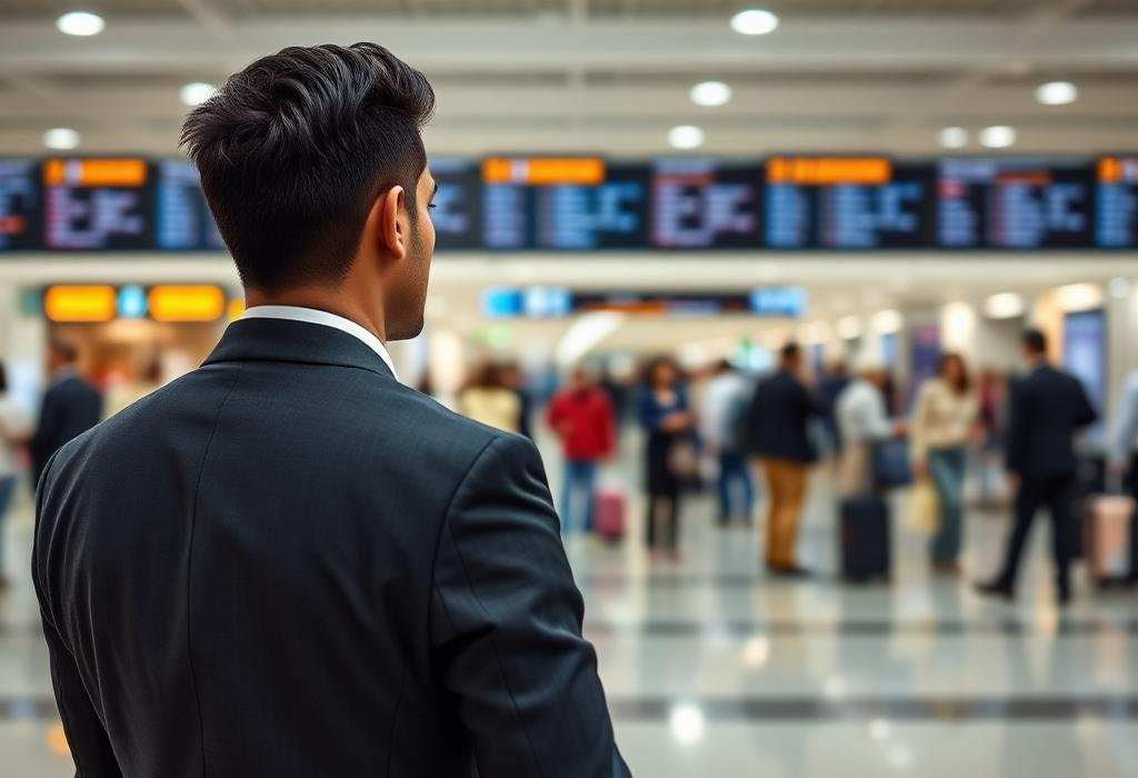 Candidate at an airport terminal check-in area