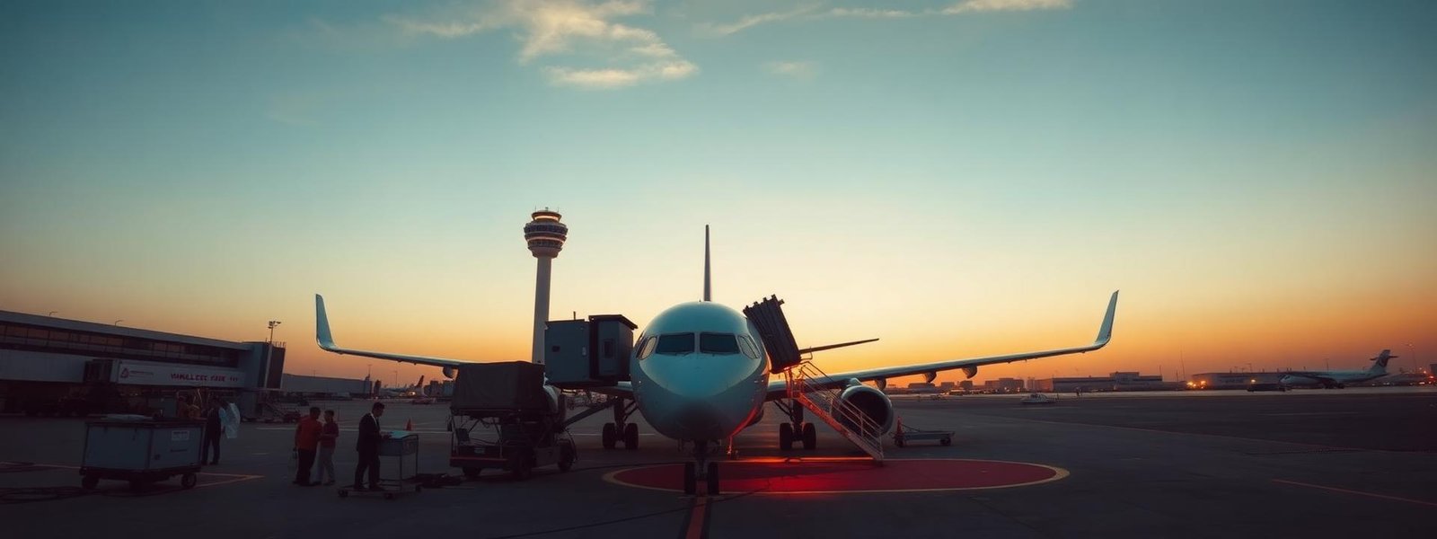 Aircraft on the airport apron at sunset